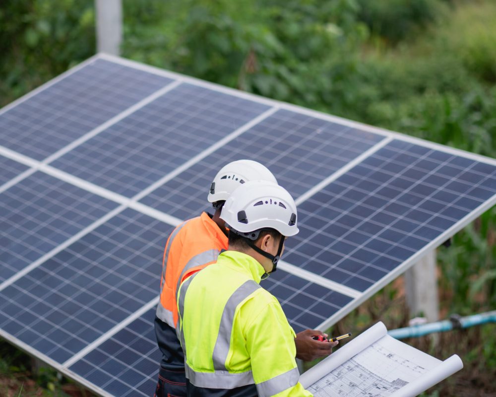 Service engineer inspects and maintains solar panels in a cultivation area, promoting clean energy.